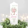 Auf dem Bild ist das Produkt: Taufkerze Blütenbaum für Mädchen oder Junge Baum mit Blüten Taufspruch Personalisierung zum Preis von €6.40 abgebildet.