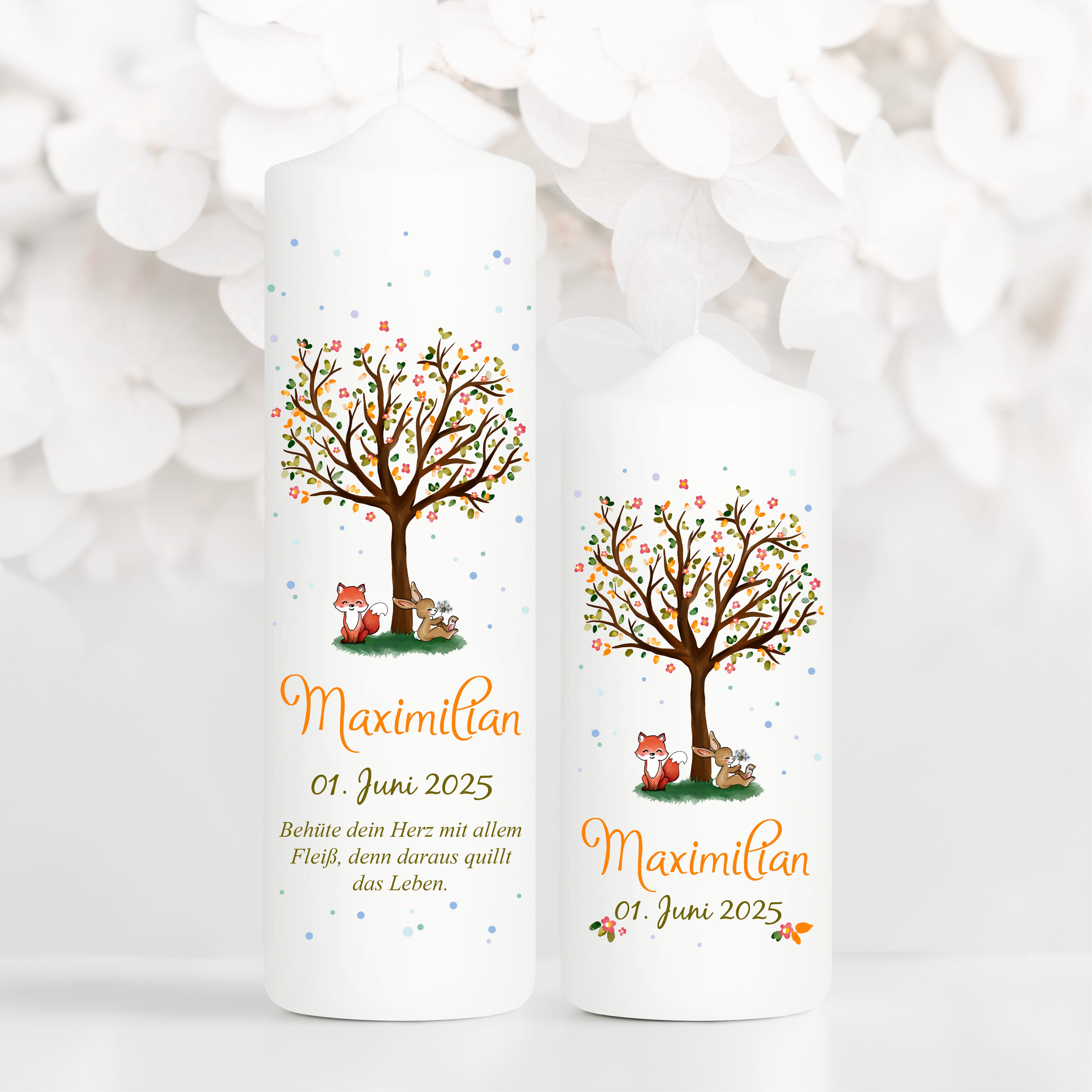 Auf dem Bild ist das Produkt: Taufkerze Lebensbaum Hase und Fuchs Kerze zur Taufe Baum Spruch Taufspruch individualisierbar tree Wald zum Preis von €6.40 abgebildet.