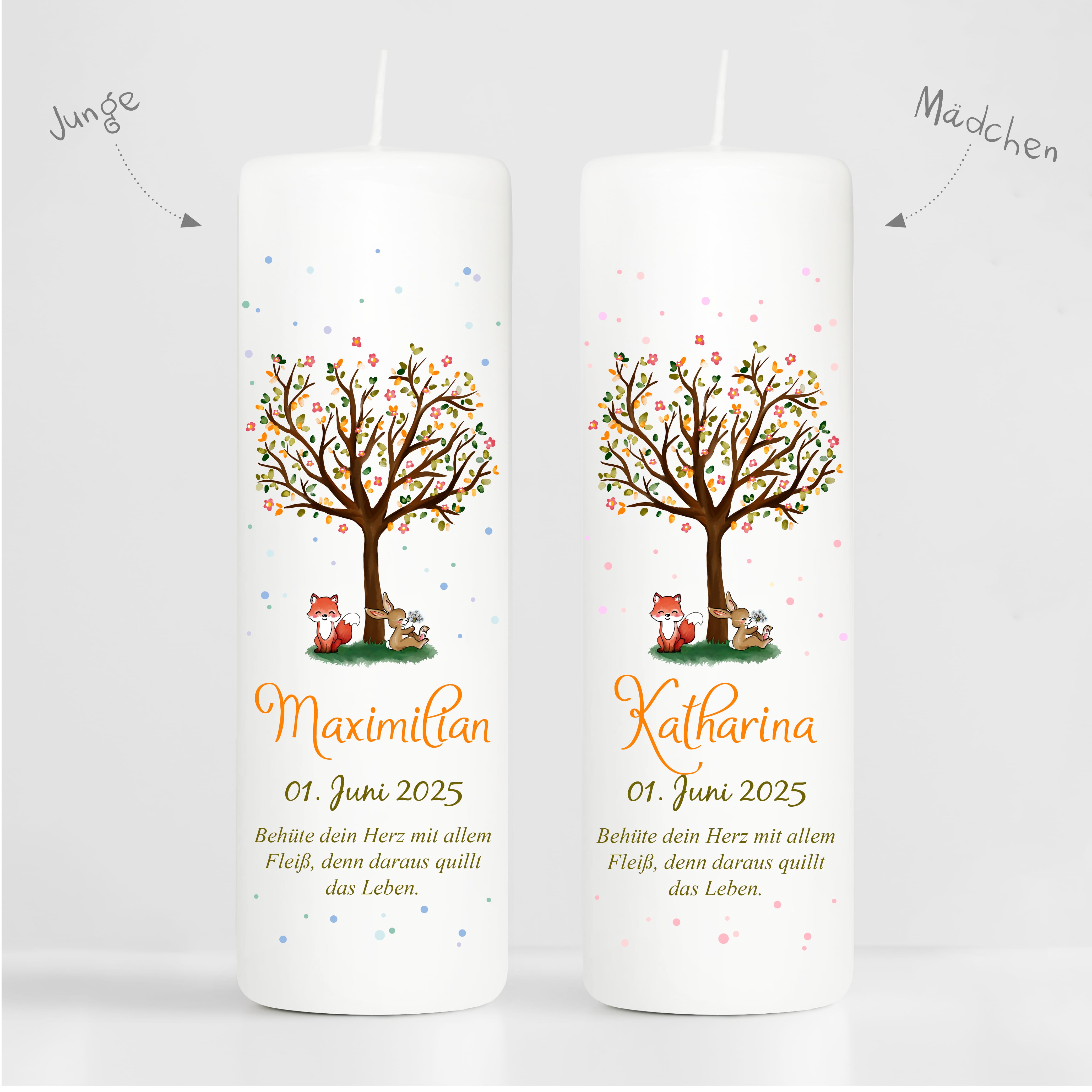 Auf dem Bild ist das Produkt: Taufkerze Lebensbaum Hase und Fuchs Kerze zur Taufe Baum Spruch Taufspruch individualisierbar tree Wald zum Preis von €6.40 abgebildet.