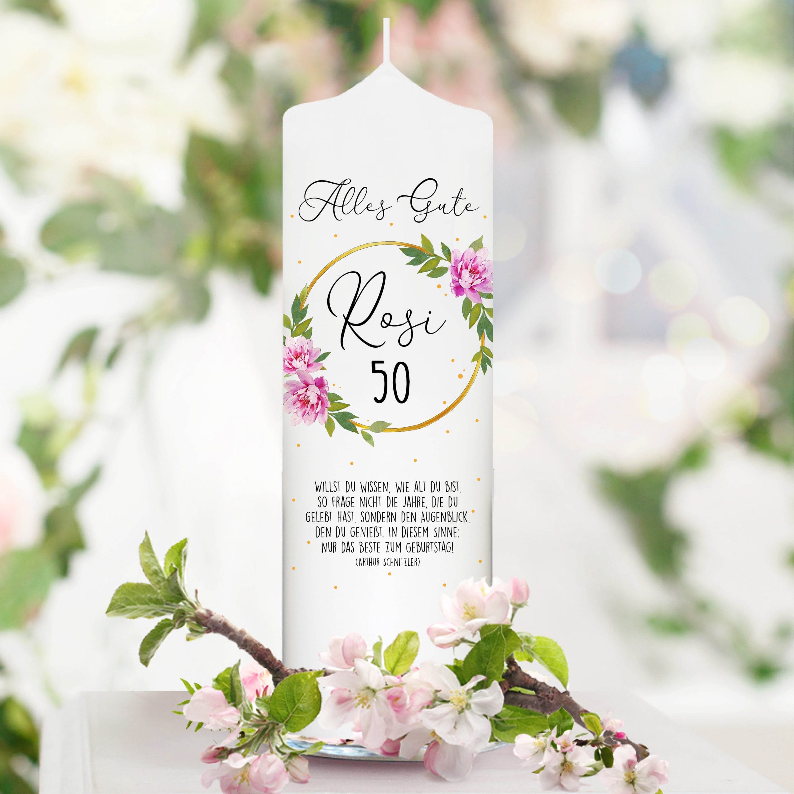 Weiße Geburtstagskerze Kerze zum Geburtstag oder Geburt Rosenkranz mit Namen Zahl und Spruch