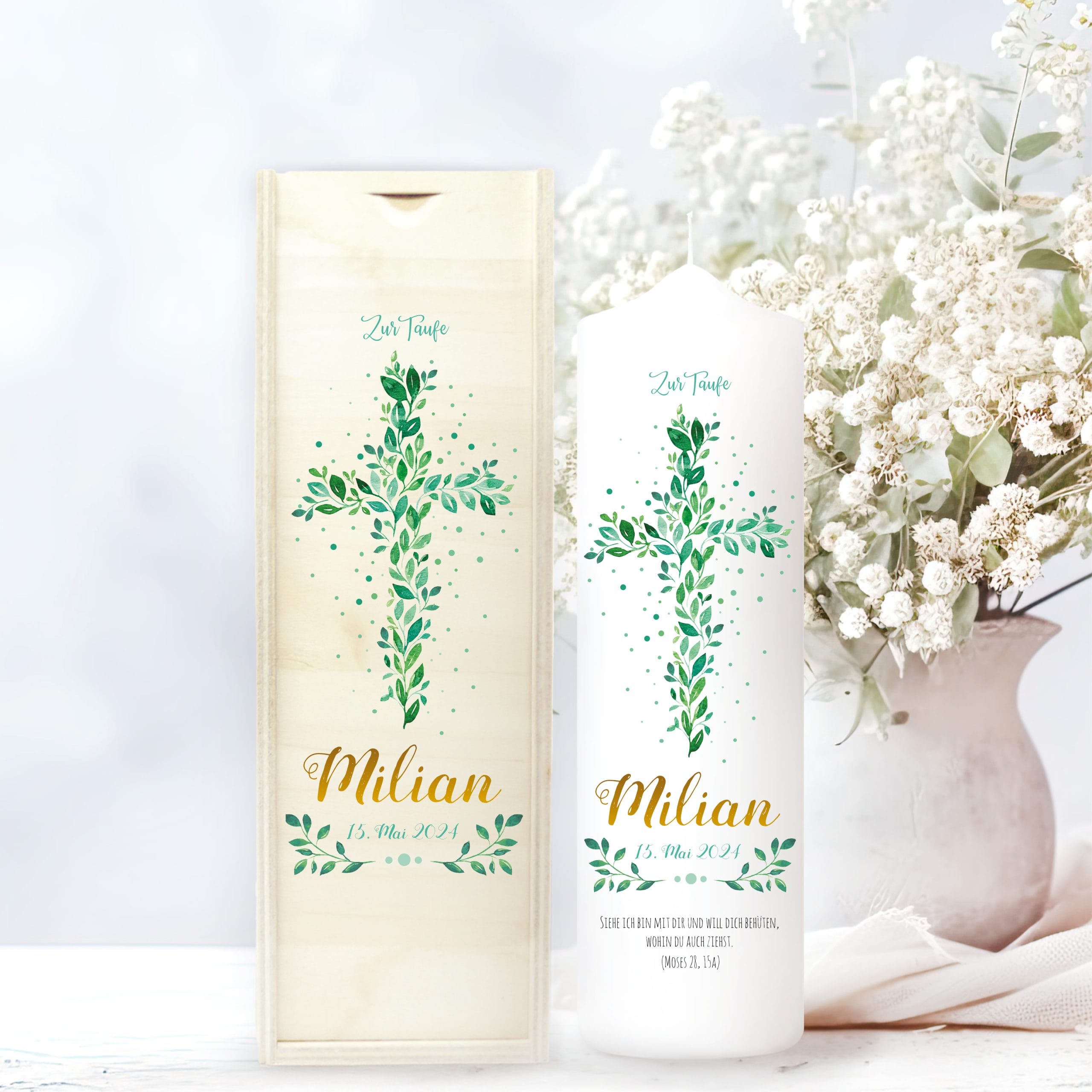 Taufkerze Blätterkreuz grün Junge oder Mädchen Heiliges Kreuz Blätter Kerze zur Taufe mit Namen