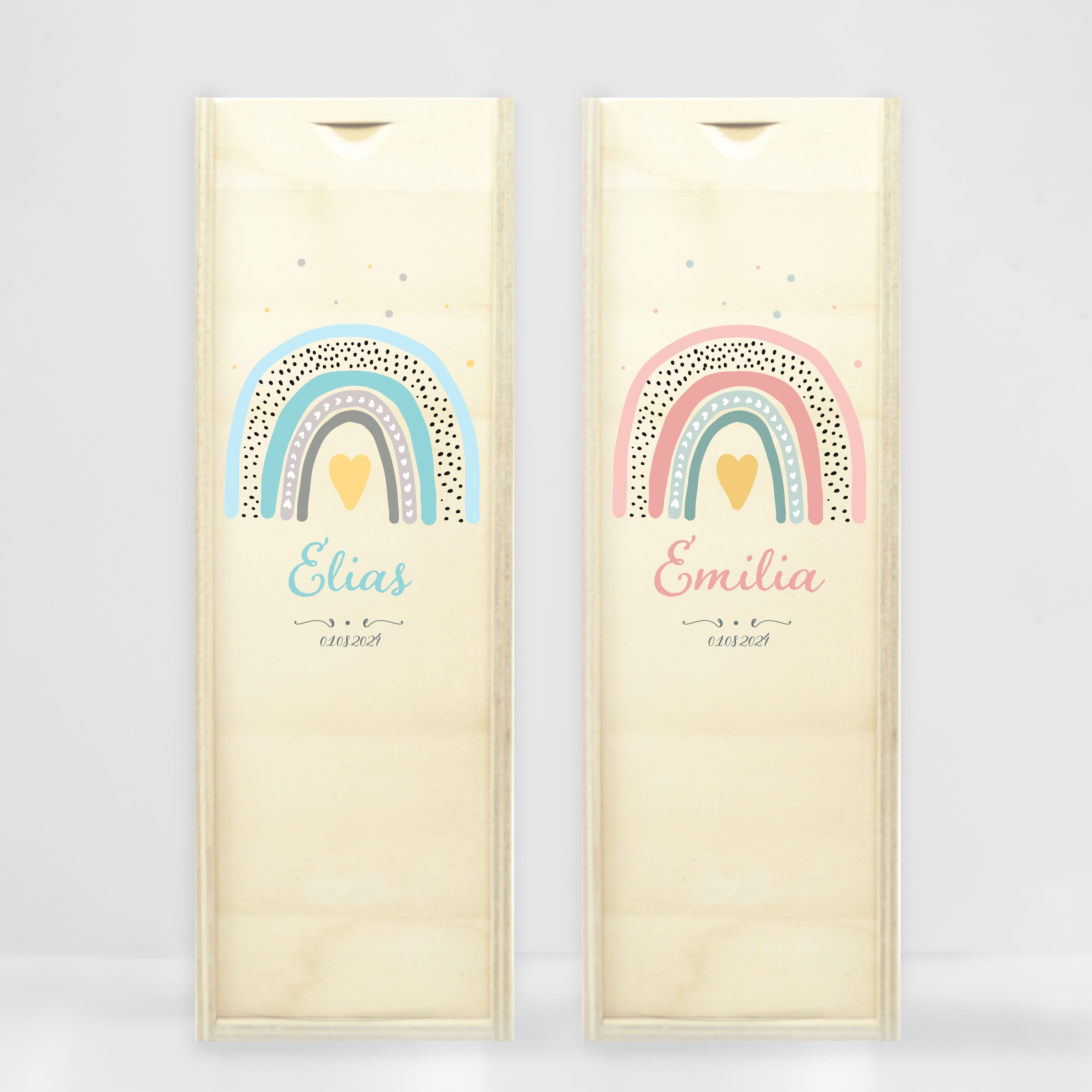 Auf dem Bild ist das Produkt: Taufkerze Kerze zur Taufe oder Kommunion Regenbogen bunt Taufspruch mit Wunschname & Datum zum Preis von €5.90 abgebildet.