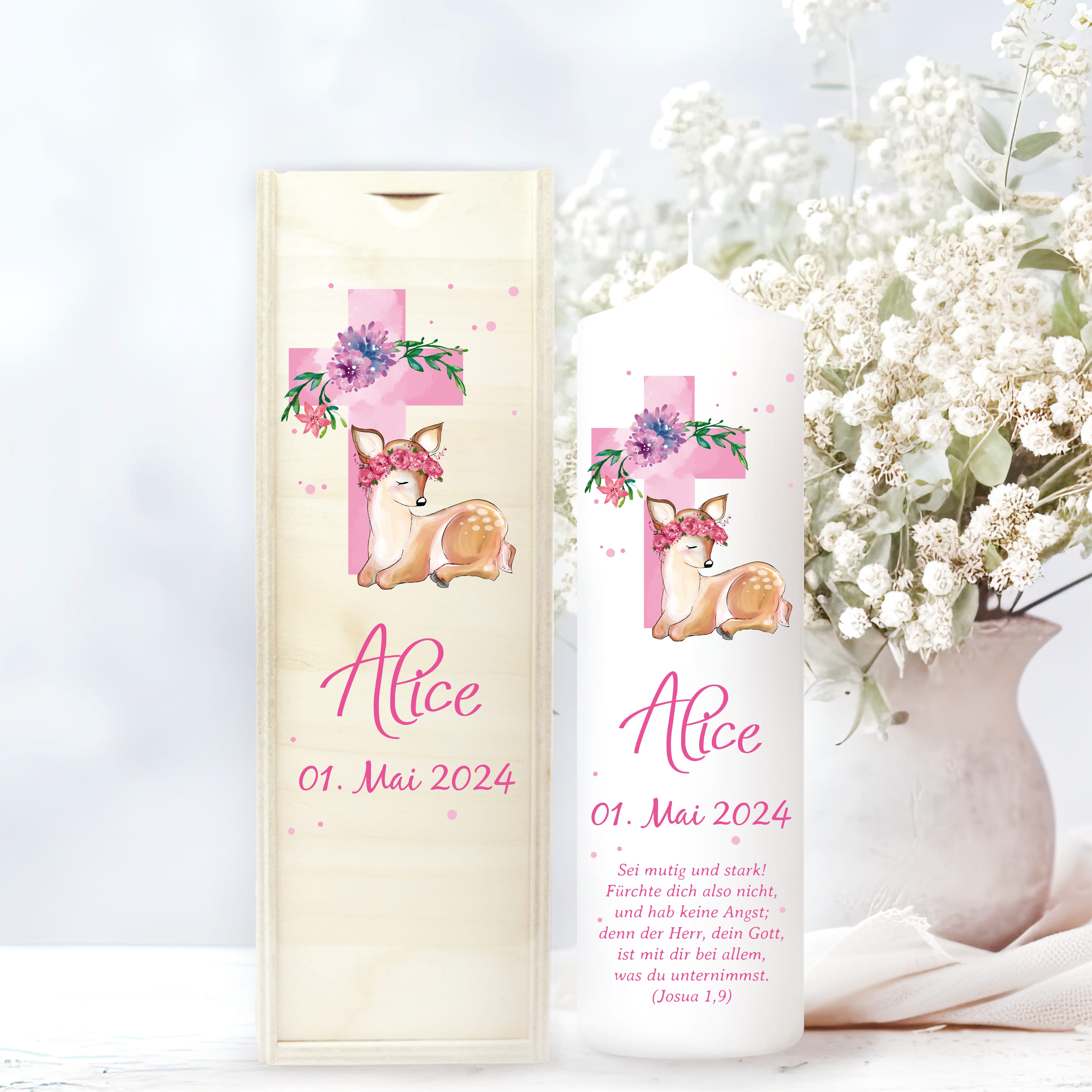 Taufkerze bedruckt Reh Jesuskreuz Junge Mädchen personalisiert mit Namen Datum Taufspruch Geschenk Kerze zur Taufe