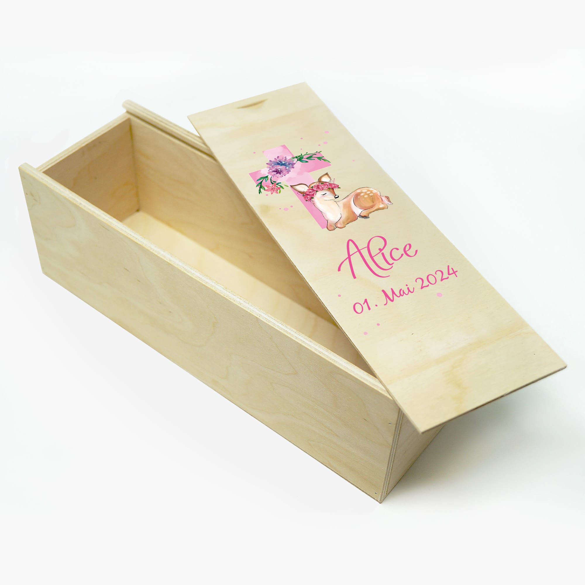 Auf dem Bild ist das Produkt: Taufkerze bedruckt Reh Jesuskreuz Junge Mädchen personalisiert mit Namen Datum Taufspruch Geschenk Kerze zur Taufe zum Preis von €6.40 abgebildet.