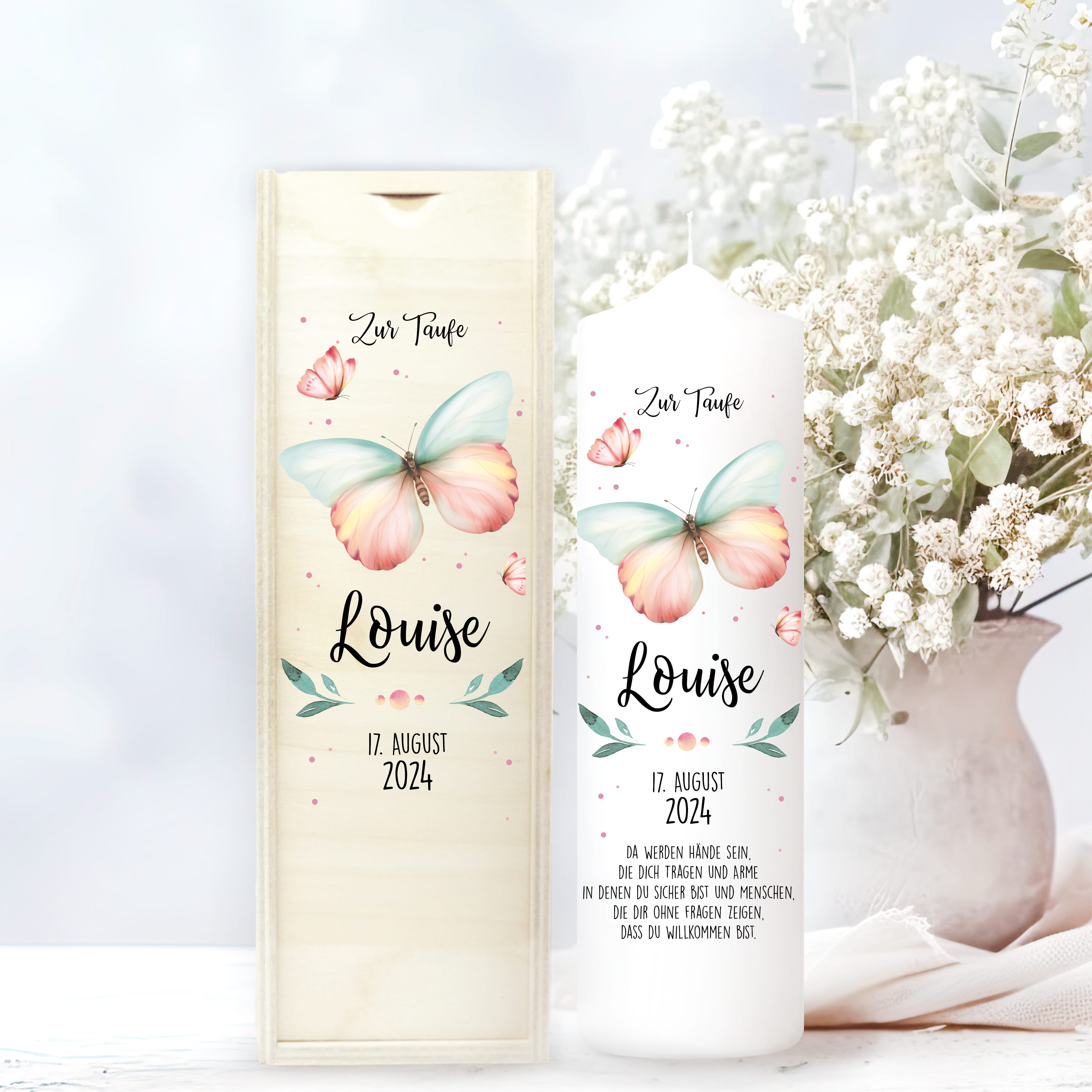 Taufkerze bedruckt Schmetterling Junge Mädchen personalisiert mit Namen Datum Taufspruch Geschenk Kerze zur Taufe