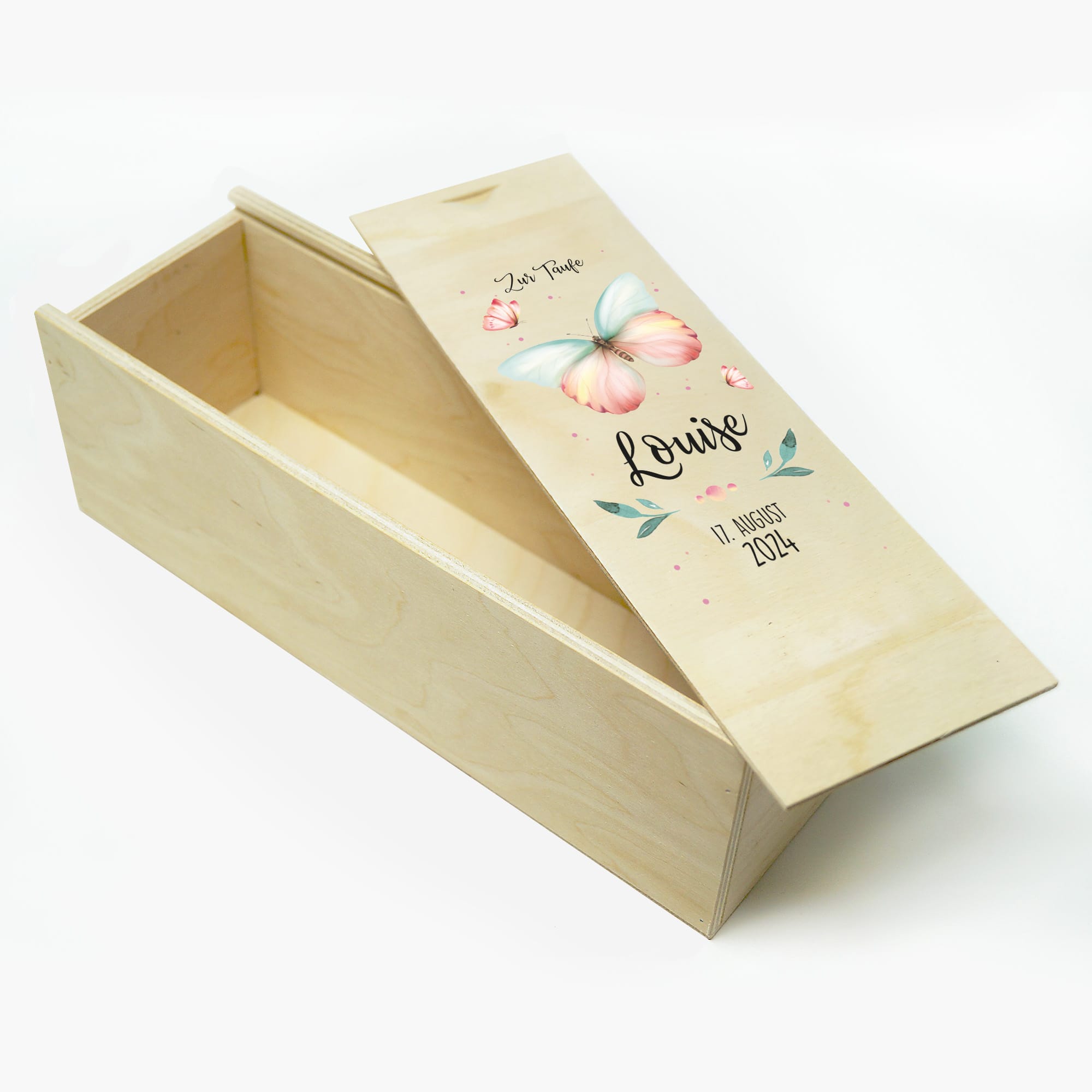 Auf dem Bild ist das Produkt: Taufkerze bedruckt Schmetterling Junge Mädchen personalisiert mit Namen Datum Taufspruch Geschenk Kerze zur Taufe zum Preis von €6.40 abgebildet.