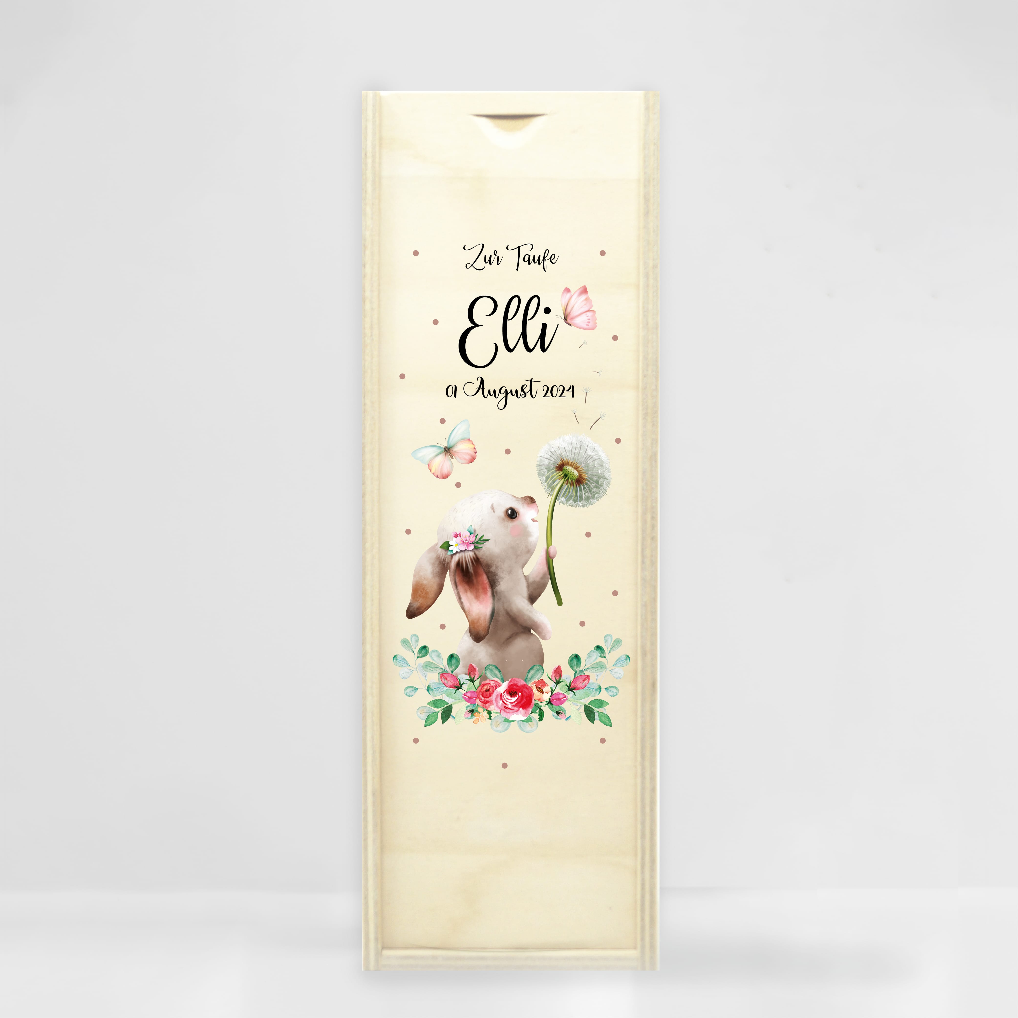 Auf dem Bild ist das Produkt: Taufkerze bedruckt Hase Pusteblume Junge Mädchen personalisiert mit Namen Datum Taufspruch Geschenk Kerze zur Taufe zum Preis von €6.40 abgebildet.