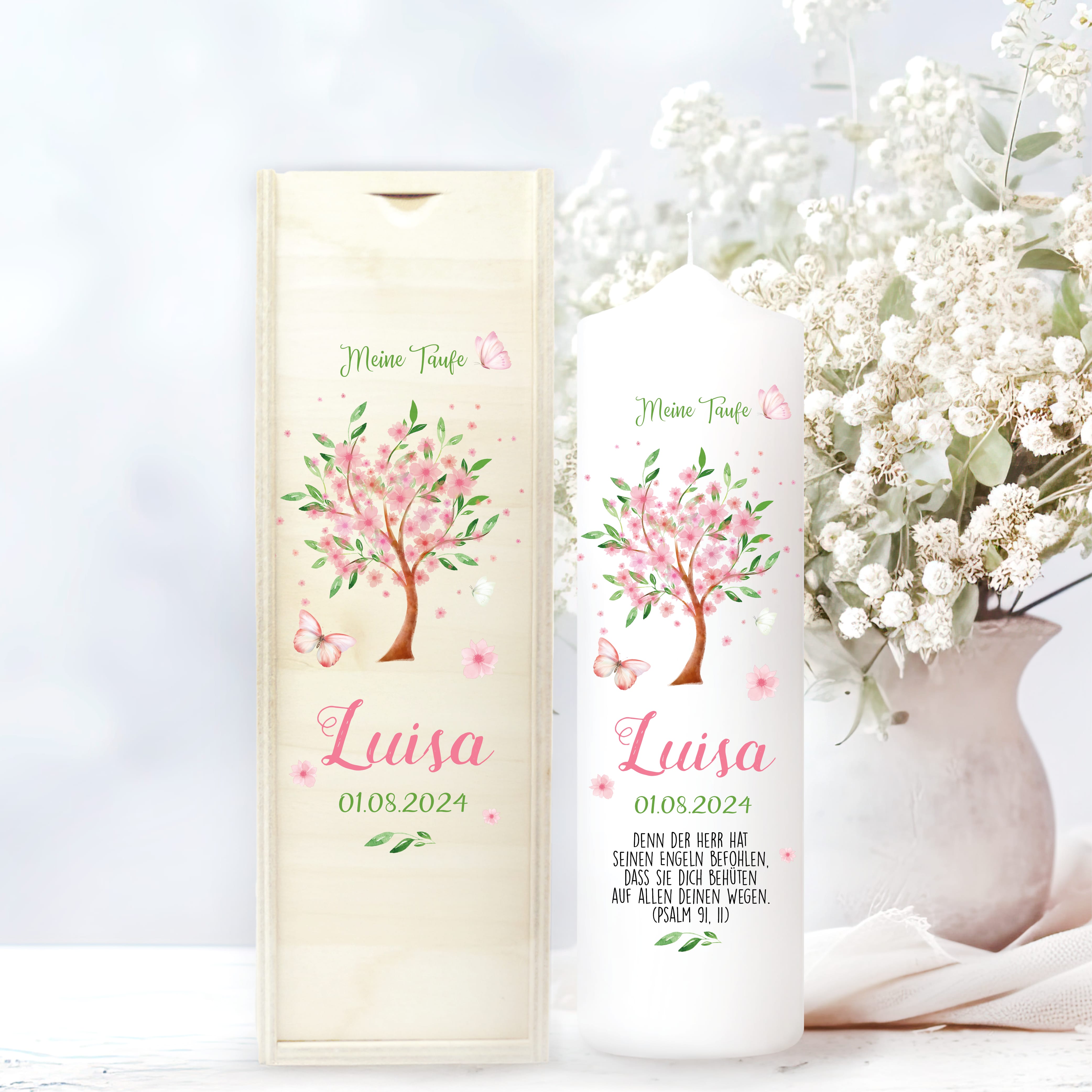 Taufkerze Blütenbaum für Mädchen oder Junge Baum mit Blüten Taufspruch Personalisierung