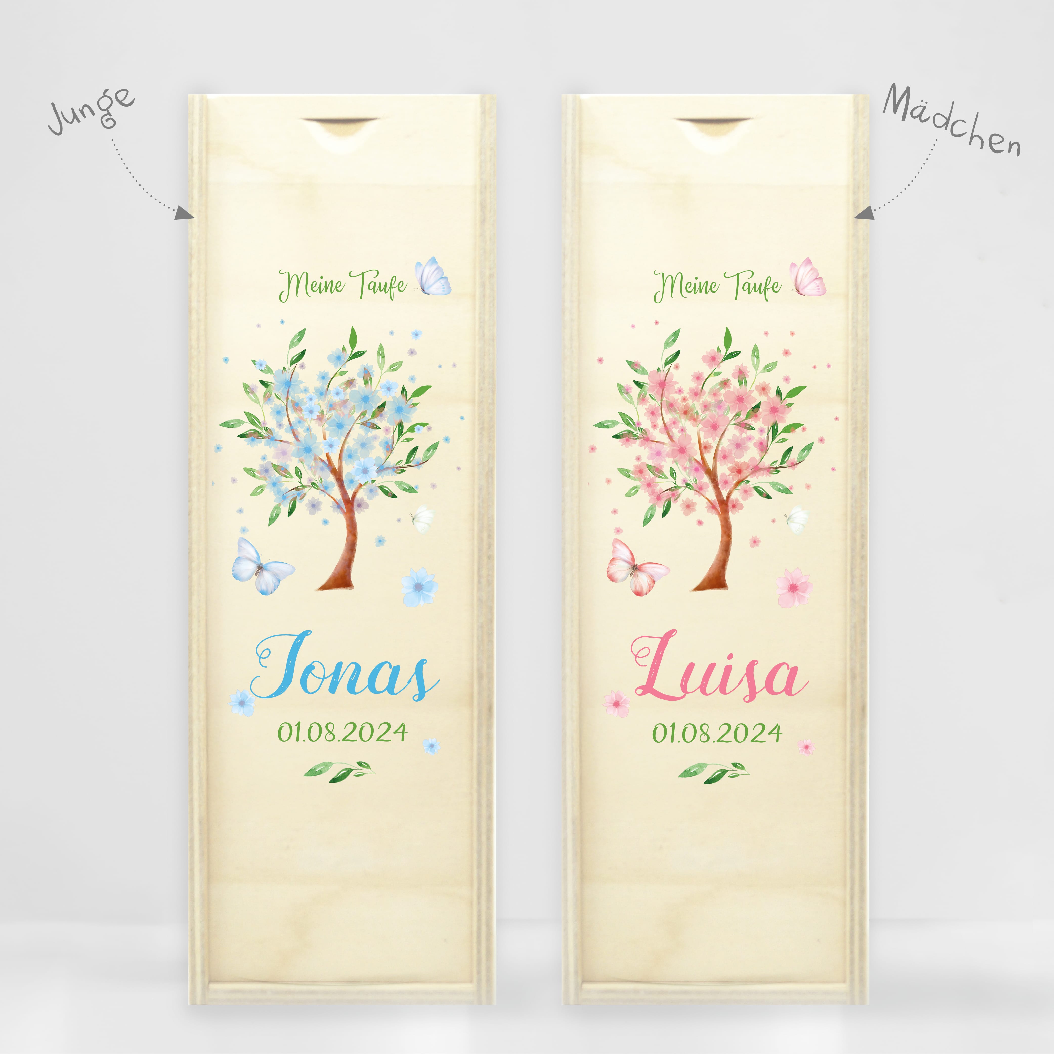 Auf dem Bild ist das Produkt: Taufkerze Blütenbaum für Mädchen oder Junge Baum mit Blüten Taufspruch Personalisierung zum Preis von €6.40 abgebildet.