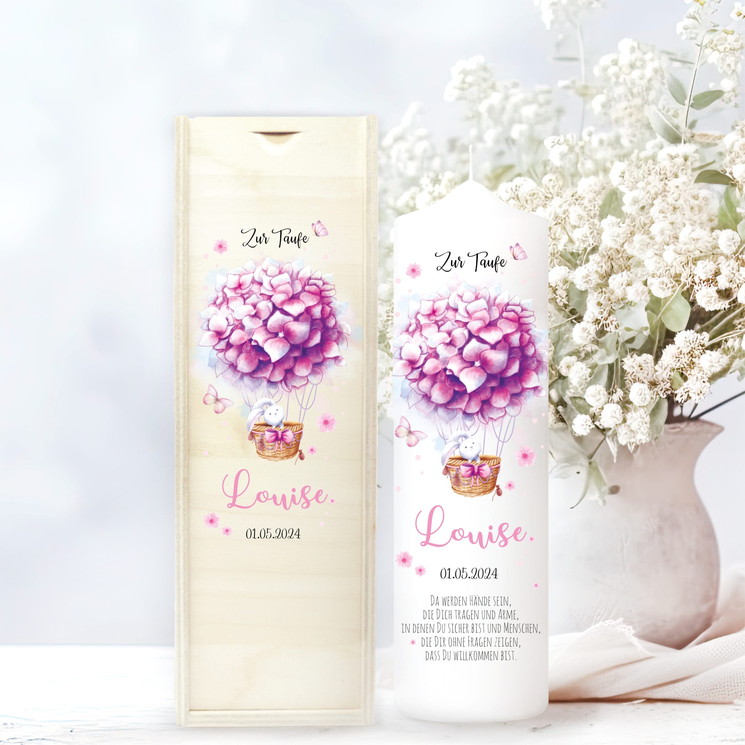 Taufkerze Heißluftballon Blumen Junge Mädchen Waschbär Hase rosa blau bedruckt mit Namen Datum und auf Wunsch eigenem, vorgegebenem oder keinem Taufspruch