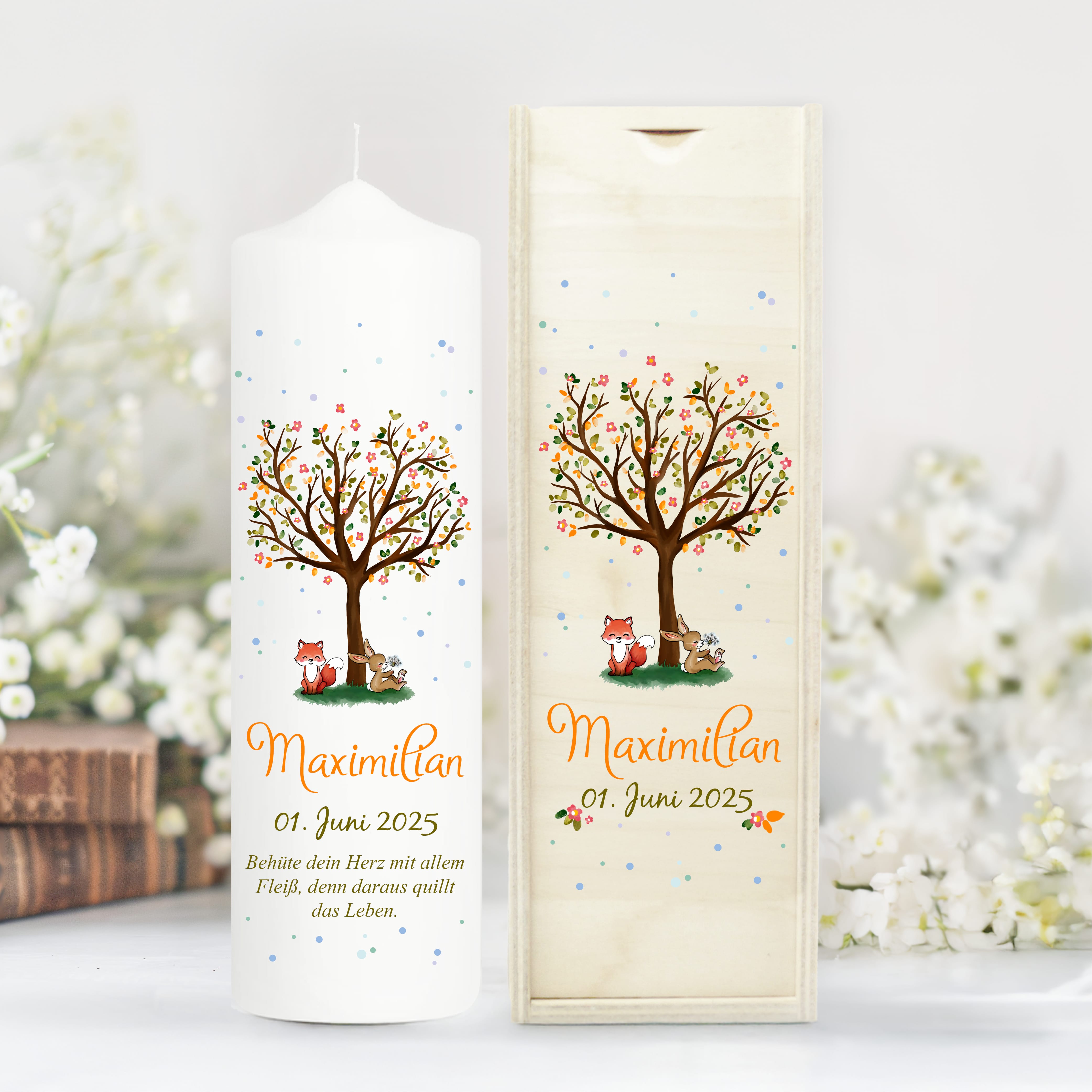 Taufkerze Lebensbaum Hase und Fuchs Kerze zur Taufe Baum Spruch Taufspruch individualisierbar tree Wald