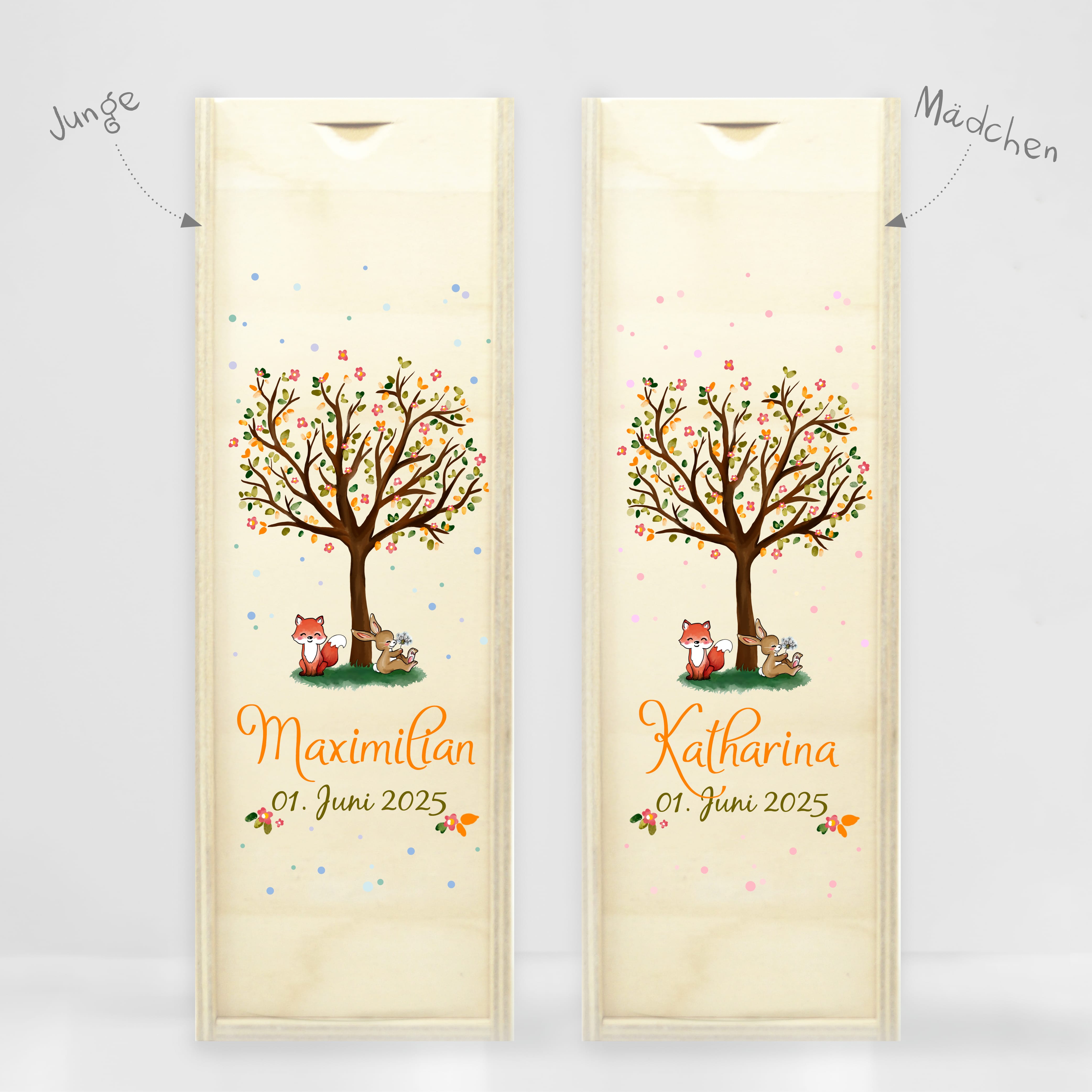 Auf dem Bild ist das Produkt: Taufkerze Lebensbaum Hase und Fuchs Kerze zur Taufe Baum Spruch Taufspruch individualisierbar tree Wald zum Preis von €6.40 abgebildet.