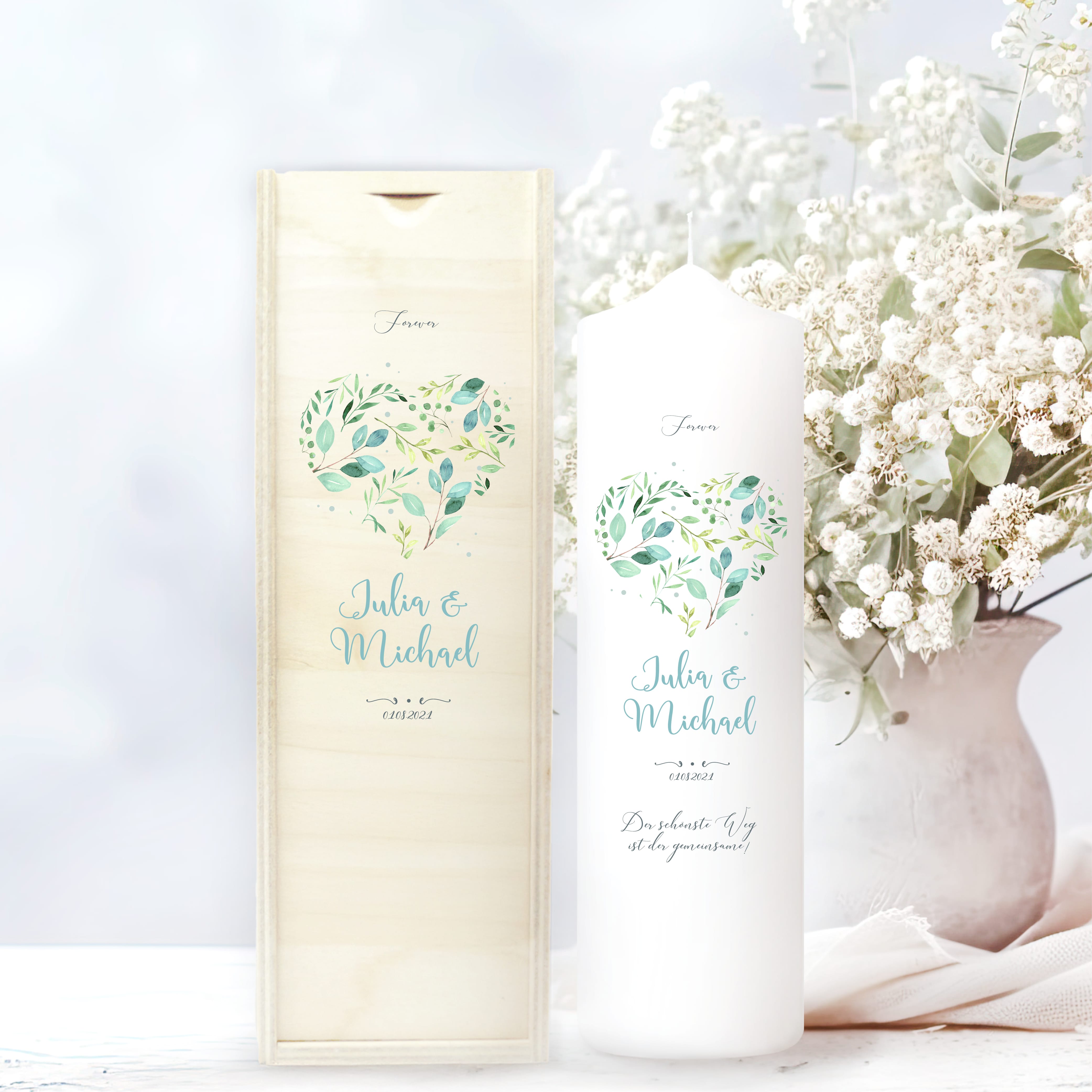 Weiße Hochzeitskerze Geburtstagskerze Herz aus Blättern, personalisiert Hochzeitsgeschenk Spruch, Valentinstagsgeschenk