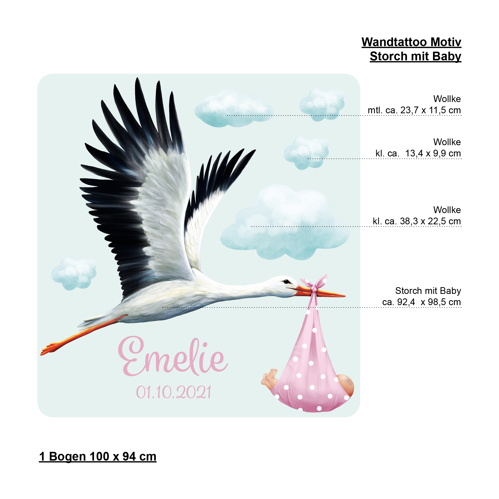 Auf dem Bild ist das Produkt: Personalisiertes Wandtattoo Kinderzimmer Mädchen Storch mit Baby mit Wunschnamen und Datum Dekoration Babyzimmer zum Preis von €29.9 abgebildet.
