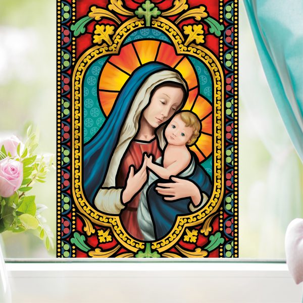 Auf dem Bild ist das Produkt: Fensterbild Weihnachten Jesus Maria Kirchenfenster Optik Mosaik Fensterfolie wiederverwendbar zum Preis von €13.90 abgebildet.