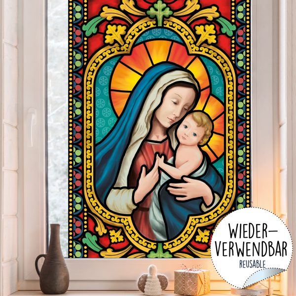 Auf dem Bild ist das Produkt: Fensterbild Weihnachten Jesus Maria Kirchenfenster Optik Mosaik Fensterfolie wiederverwendbar zum Preis von €13.90 abgebildet.