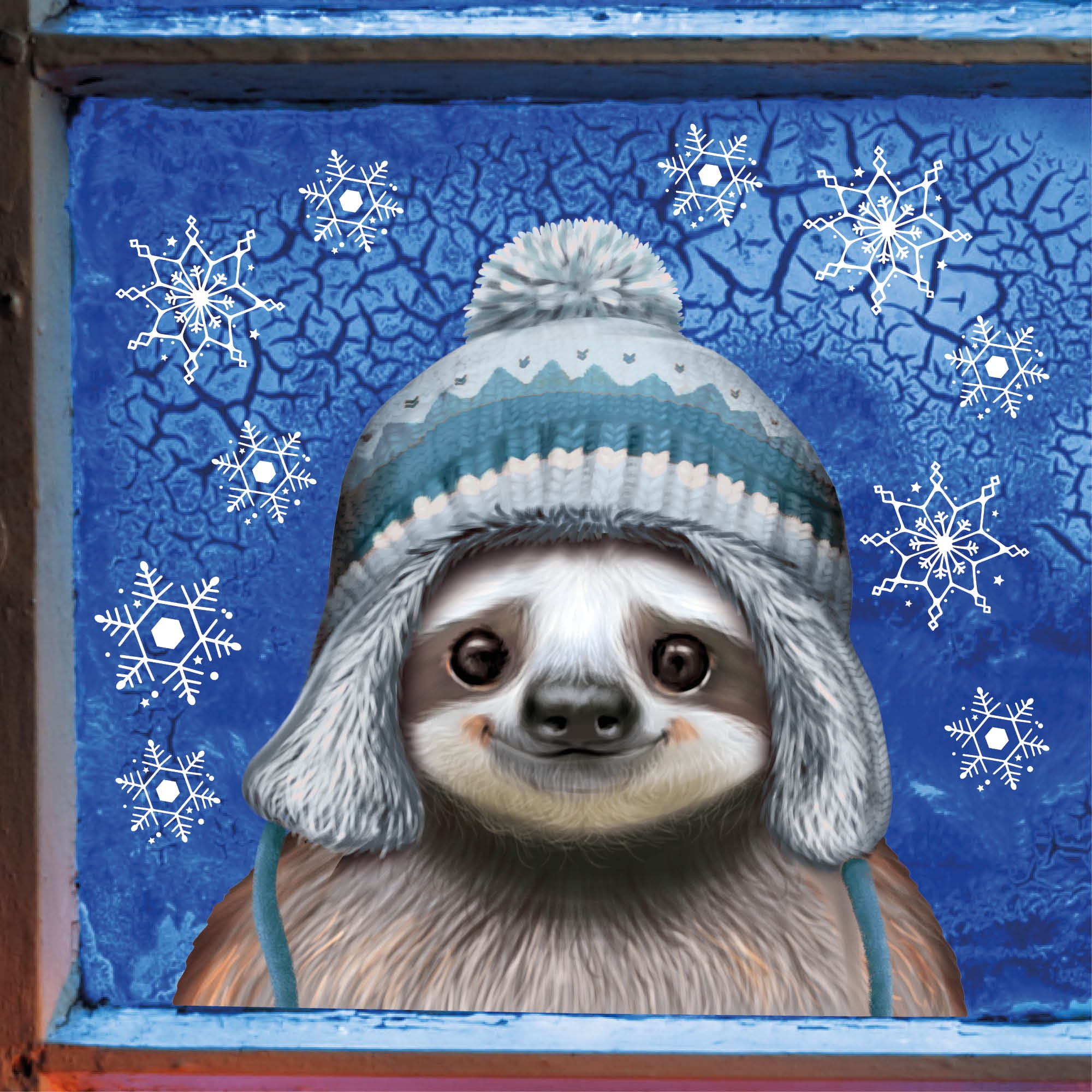 Fensterbilder Weihnachten Faultier Norweger Mütze Winter winterlicher Fensteraufkleber Fensterdeko Schneeflocken