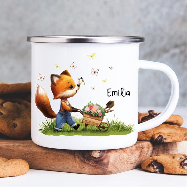 Auf dem Bild ist das Produkt: Emaille Campingbecher Fuchs personalisiert Wunschname Geschenk Ostern Geburtstag zum Preis von €18.9 abgebildet.
