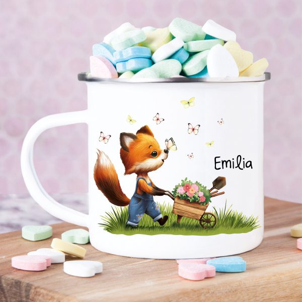 Auf dem Bild ist das Produkt: Emaille Campingbecher Fuchs personalisiert Wunschname Geschenk Ostern Geburtstag zum Preis von €18.9 abgebildet.
