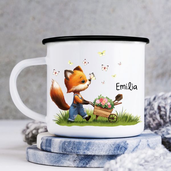 Auf dem Bild ist das Produkt: Emaille Campingbecher Fuchs personalisiert Wunschname Geschenk Ostern Geburtstag zum Preis von €18.9 abgebildet.