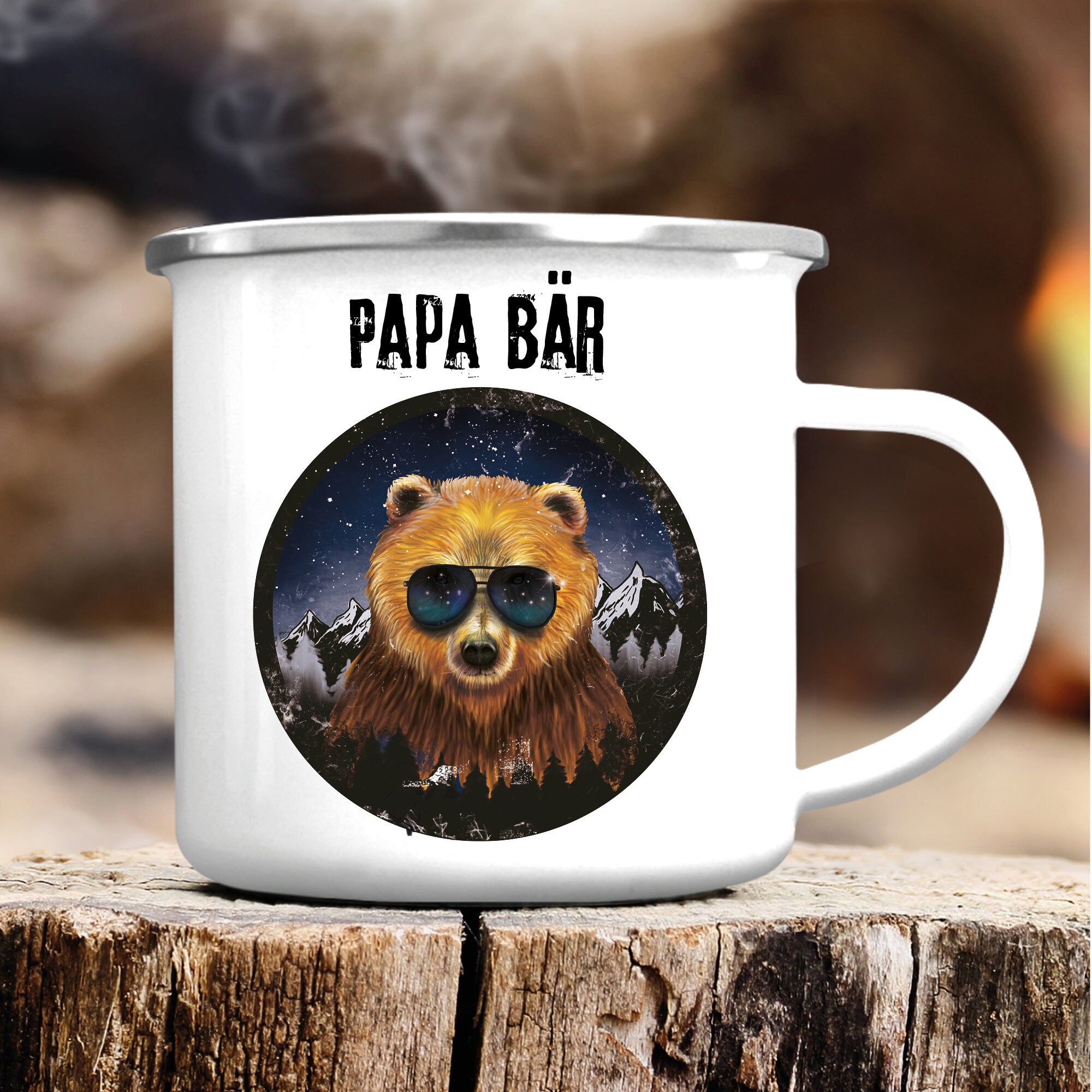 Emaille Campingbecher Papa Bär Geschenk zum Geburtstag Vatertag 300 ml weiß Vatertagsgeschenk
