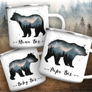 Auf dem Bild ist das Produkt: Emaille Campingbecher Papa Bär Mama Bär Baby Bär Geschenk zum Geburtstag Vatertag Muttertag zum Preis von €0 abgebildet.