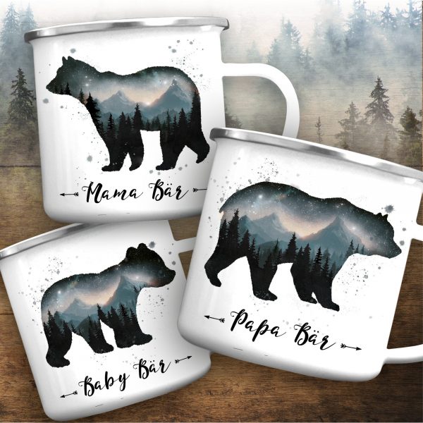 Auf dem Bild ist das Produkt: Emaille Campingbecher Papa Bär Mama Bär Baby Bär Geschenk zum Geburtstag Vatertag Muttertag zum Preis von €0 abgebildet.