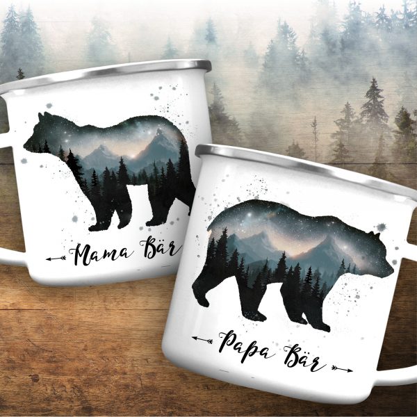 Auf dem Bild ist das Produkt: Emaille Campingbecher Papa Bär Mama Bär Baby Bär Geschenk zum Geburtstag Vatertag Muttertag zum Preis von €0 abgebildet.