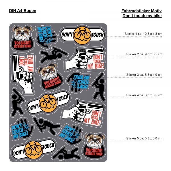 Auf dem Bild ist das Produkt: Fahrradaufkleber Spruch Don t touch my bike  Fahrrad Sticker Fahrraddesign Kinderfahrrad Einschulung zum Preis von €12.90 abgebildet.