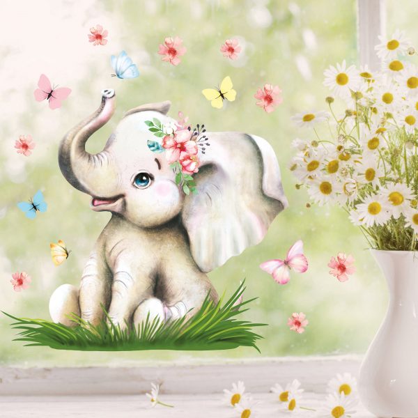 Auf dem Bild ist das Produkt: Fensterbild Frühling Ostern Elefant mit Schmetterlingen Fensterdeko Kinderzimmer Kind, Frühligsdeko zum Preis von €14.9 abgebildet.