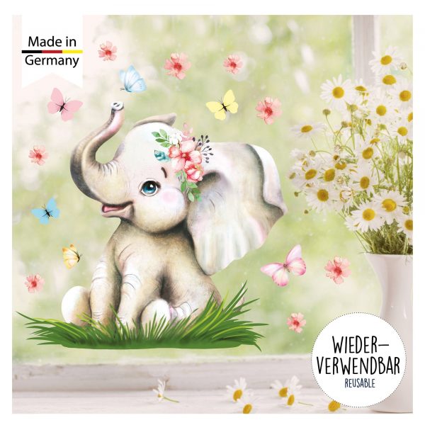 Auf dem Bild ist das Produkt: Fensterbild Frühling Ostern Elefant mit Schmetterlingen Fensterdeko Kinderzimmer Kind, Frühligsdeko zum Preis von €14.9 abgebildet.