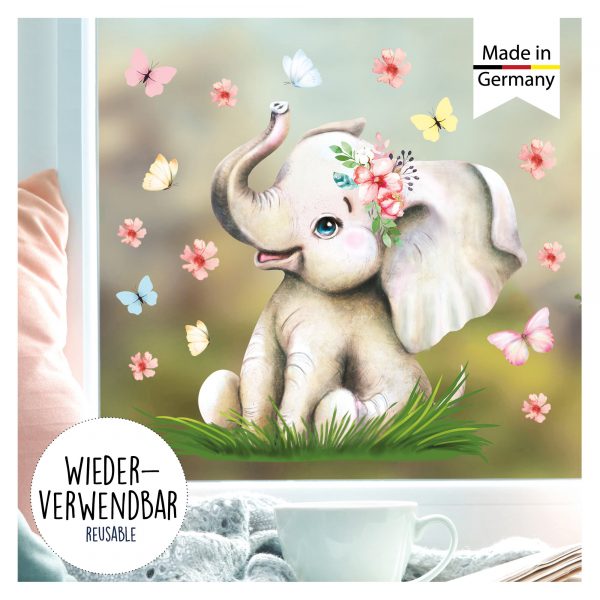 Auf dem Bild ist das Produkt: Fensterbild Frühling Ostern Elefant mit Schmetterlingen Fensterdeko Kinderzimmer Kind, Frühligsdeko zum Preis von €14.9 abgebildet.