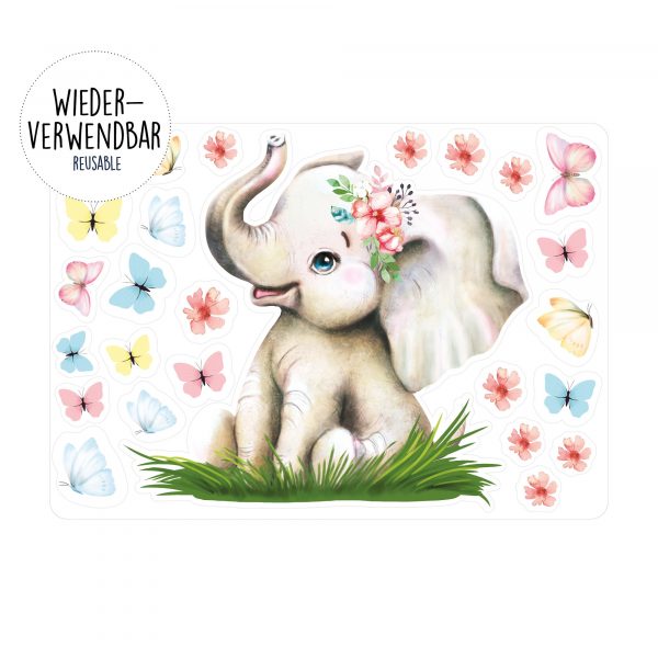 Auf dem Bild ist das Produkt: Fensterbild Frühling Ostern Elefant mit Schmetterlingen Fensterdeko Kinderzimmer Kind, Frühligsdeko zum Preis von €14.9 abgebildet.