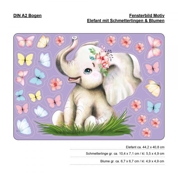 Auf dem Bild ist das Produkt: Fensterbild Frühling Ostern Elefant mit Schmetterlingen Fensterdeko Kinderzimmer Kind, Frühligsdeko zum Preis von €14.9 abgebildet.