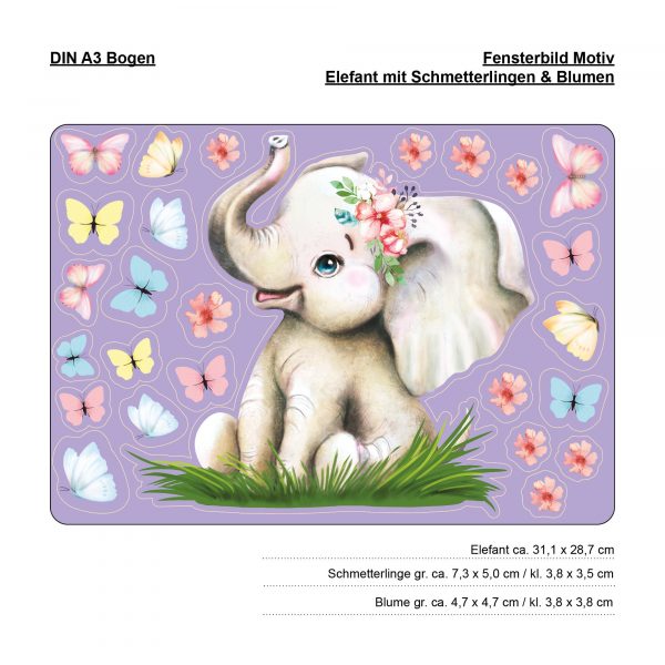 Auf dem Bild ist das Produkt: Fensterbild Frühling Ostern Elefant mit Schmetterlingen Fensterdeko Kinderzimmer Kind, Frühligsdeko zum Preis von €14.9 abgebildet.