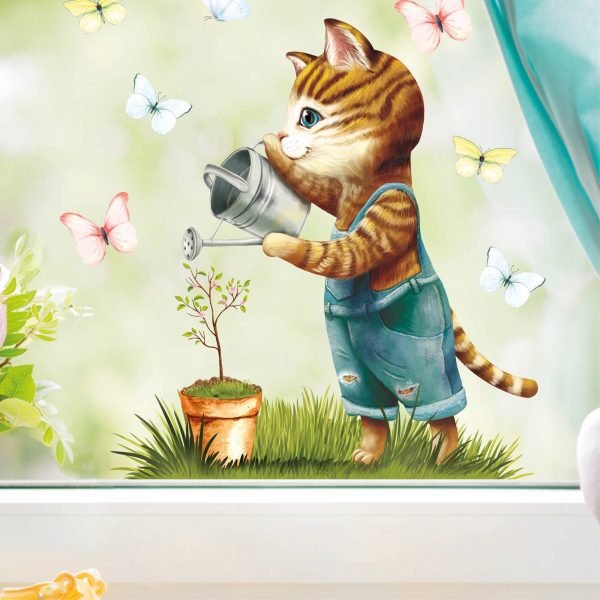 Auf dem Bild ist das Produkt: Fensterbild Frühling Ostern Katze mit Giesskanne Blumentopf und Schmetterlingen zum Preis von €14.9 abgebildet.
