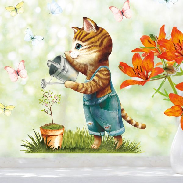 Auf dem Bild ist das Produkt: Fensterbild Frühling Ostern Katze mit Giesskanne Blumentopf und Schmetterlingen zum Preis von €14.9 abgebildet.