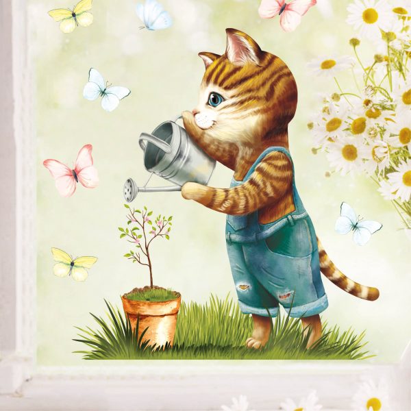 Auf dem Bild ist das Produkt: Fensterbild Frühling Ostern Katze mit Giesskanne Blumentopf und Schmetterlingen zum Preis von €14.9 abgebildet.