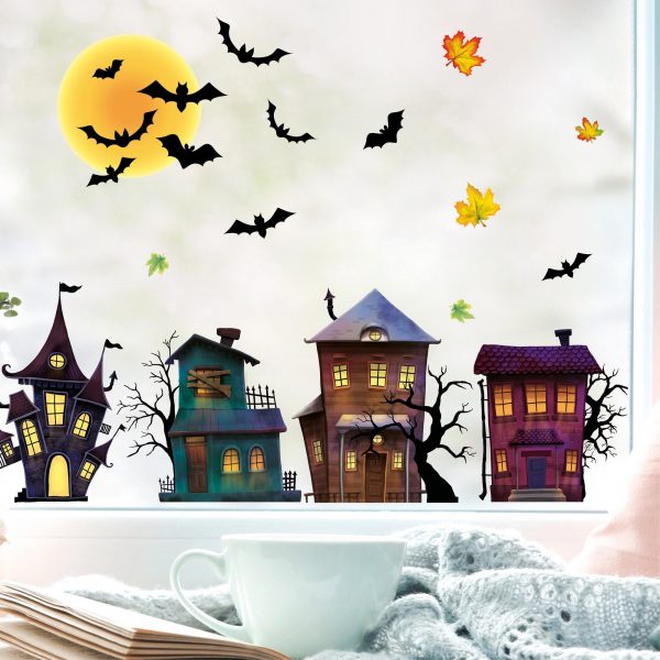Auf dem Bild ist das Produkt: Fensterbild Halloween Fledermäuse Gruselhaus Gruselhäuser Fensterdeko Kinderzimmer Kind Fensterfolie Fensterdekoration zum Preis von €13.90 abgebildet.