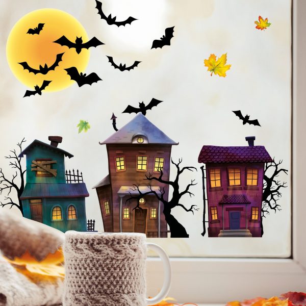 Auf dem Bild ist das Produkt: Fensterbild Halloween Fledermäuse Gruselhaus Gruselhäuser Fensterdeko Kinderzimmer Kind Fensterfolie Fensterdekoration zum Preis von €13.90 abgebildet.