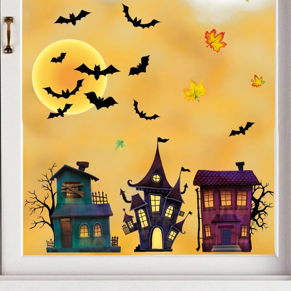 Auf dem Bild ist das Produkt: Fensterbild Halloween Fledermäuse Gruselhaus Gruselhäuser Fensterdeko Kinderzimmer Kind Fensterfolie Fensterdekoration zum Preis von €13.90 abgebildet.