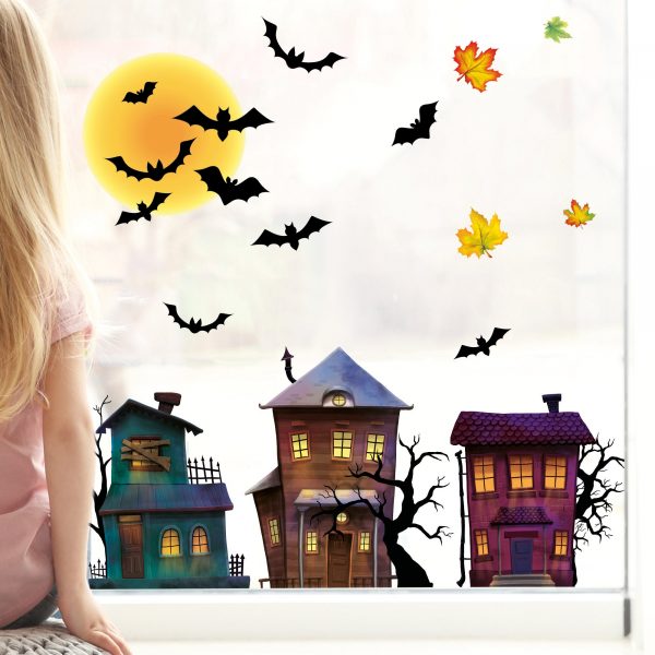 Auf dem Bild ist das Produkt: Fensterbild Halloween Fledermäuse Gruselhaus Gruselhäuser Fensterdeko Kinderzimmer Kind Fensterfolie Fensterdekoration zum Preis von €13.90 abgebildet.