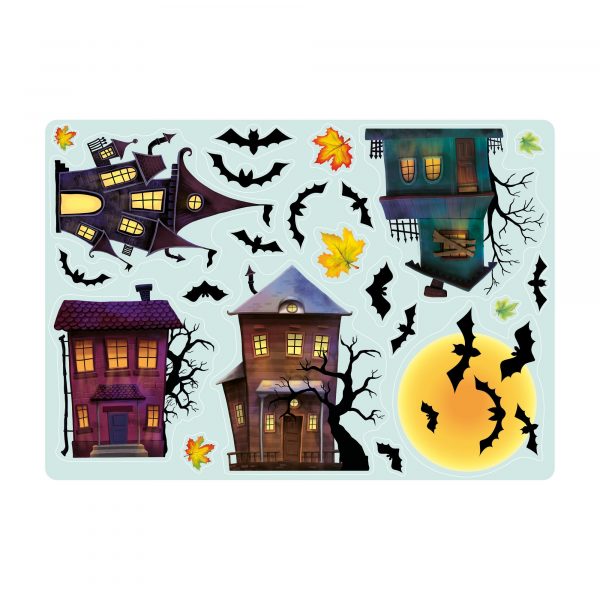 Auf dem Bild ist das Produkt: Fensterbild Halloween Fledermäuse Gruselhaus Gruselhäuser Fensterdeko Kinderzimmer Kind Fensterfolie Fensterdekoration zum Preis von €13.90 abgebildet.
