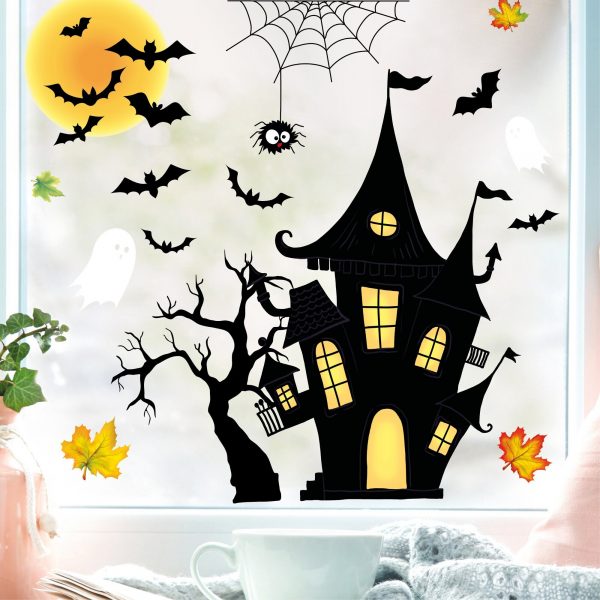 Auf dem Bild ist das Produkt: Fensterbild Halloween Haus Gruselhaus Spinnennetz Fledermäuse Gespenster Fensterdeko Kinderzimmer Fensterfolie zum Preis von €13.90 abgebildet.