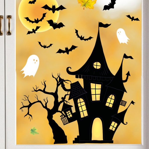 Auf dem Bild ist das Produkt: Fensterbild Halloween Haus Gruselhaus Spinnennetz Fledermäuse Gespenster Fensterdeko Kinderzimmer Fensterfolie zum Preis von €13.90 abgebildet.