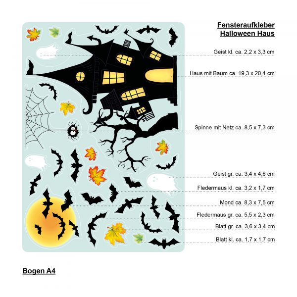 Auf dem Bild ist das Produkt: Fensterbild Halloween Haus Gruselhaus Spinnennetz Fledermäuse Gespenster Fensterdeko Kinderzimmer Fensterfolie zum Preis von €13.90 abgebildet.