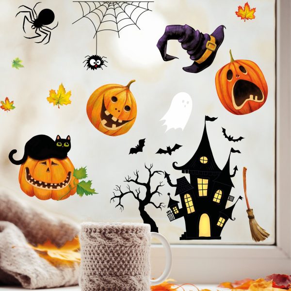 Auf dem Bild ist das Produkt: Fensterbild Halloween Katze Kürbisse Spinnennetz Fledermäuse Gruselhaus Fensterdeko Kinderzimmer Kind Fensterfolie Fensterdekoration zum Preis von €13.90 abgebildet.
