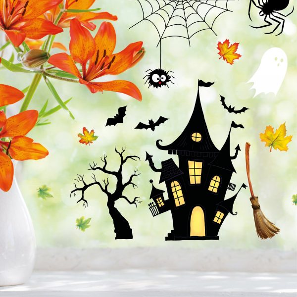Auf dem Bild ist das Produkt: Fensterbild Halloween Katze Kürbisse Spinnennetz Fledermäuse Gruselhaus Fensterdeko Kinderzimmer Kind Fensterfolie Fensterdekoration zum Preis von €13.90 abgebildet.