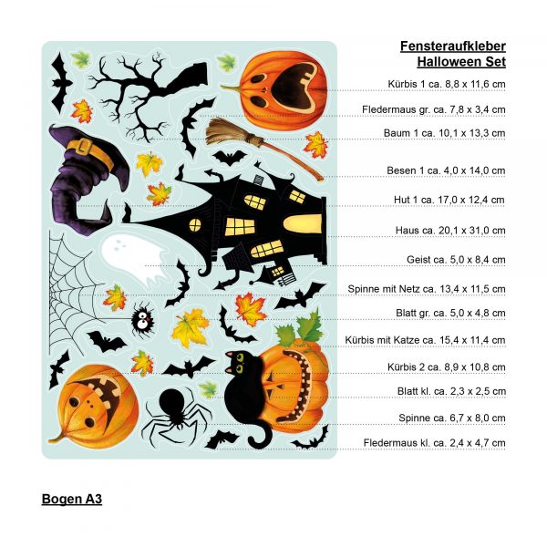 Auf dem Bild ist das Produkt: Fensterbild Halloween Katze Kürbisse Spinnennetz Fledermäuse Gruselhaus Fensterdeko Kinderzimmer Kind Fensterfolie Fensterdekoration zum Preis von €13.90 abgebildet.