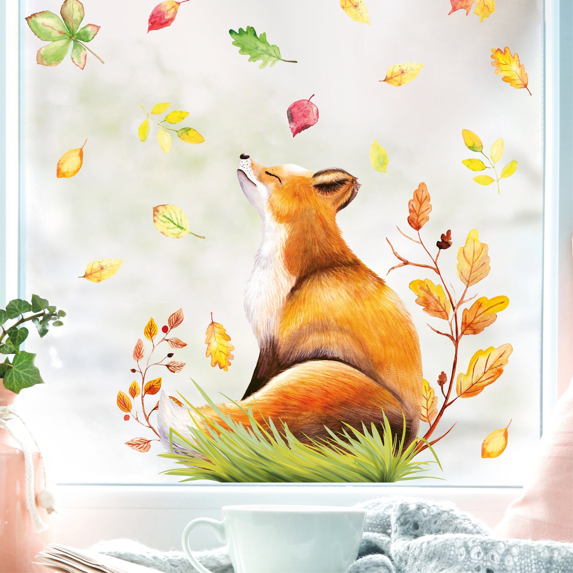 Fensterbild Herbst Fuchs im Profil mit Blättern herbstlicher Fensteraufkleber Fensterdeko